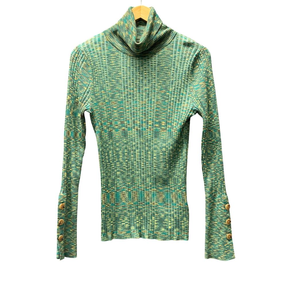 Anthropologie Turtleneck Sweater Blue Yellow Ribbed‎ Knit Pullover Womens Small